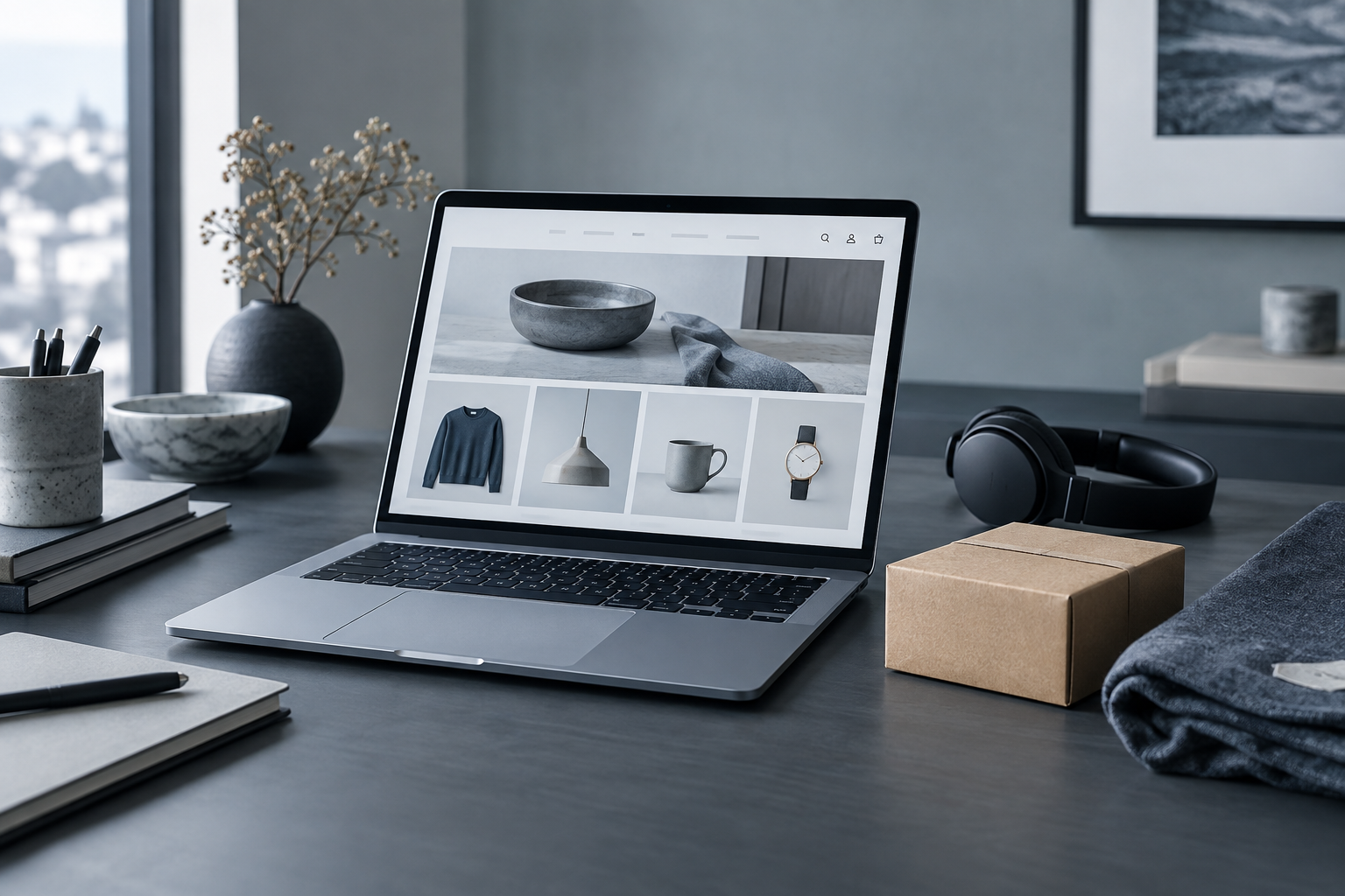 E-commerce workspace with a laptop storefront, parcel and products